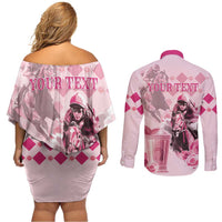 Personalized Kentucky Horse Racing Couples Matching Off Shoulder Short Dress and Long Sleeve Button Shirt 151st Anniversary Mint Julep Pink Version LT05