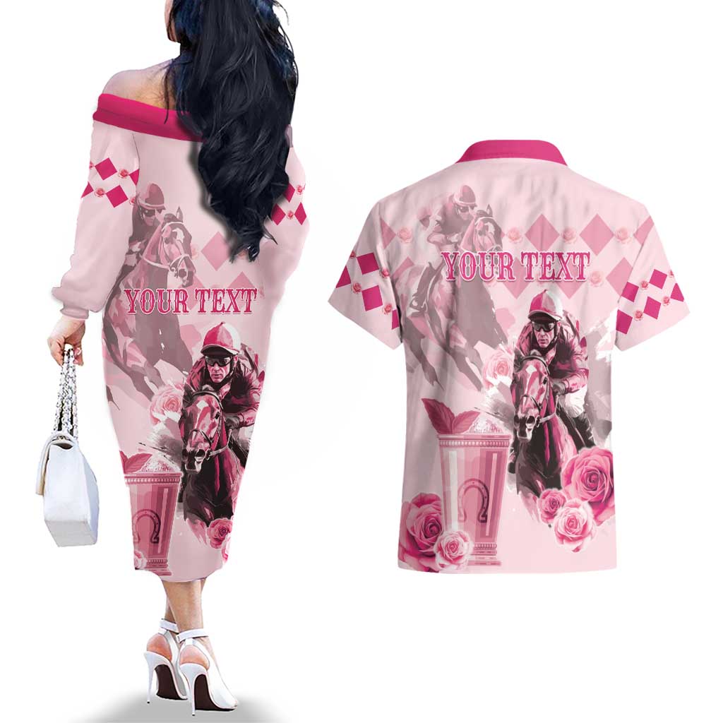 Personalized Kentucky Horse Racing Couples Matching Off The Shoulder Long Sleeve Dress and Hawaiian Shirt 151st Anniversary Mint Julep Pink Version LT05