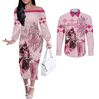 Personalized Kentucky Horse Racing Couples Matching Off The Shoulder Long Sleeve Dress and Long Sleeve Button Shirt 151st Anniversary Mint Julep Pink Version LT05