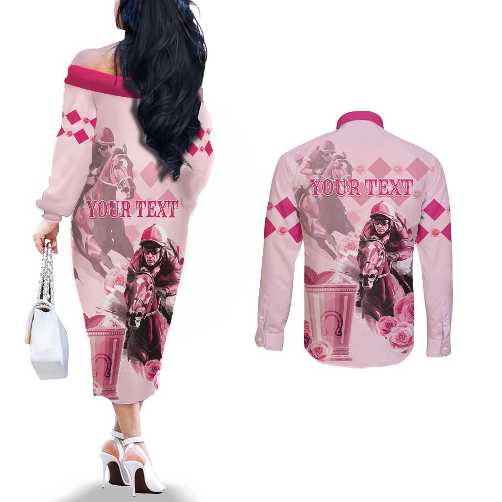 Personalized Kentucky Horse Racing Couples Matching Off The Shoulder Long Sleeve Dress and Long Sleeve Button Shirt 151st Anniversary Mint Julep Pink Version LT05