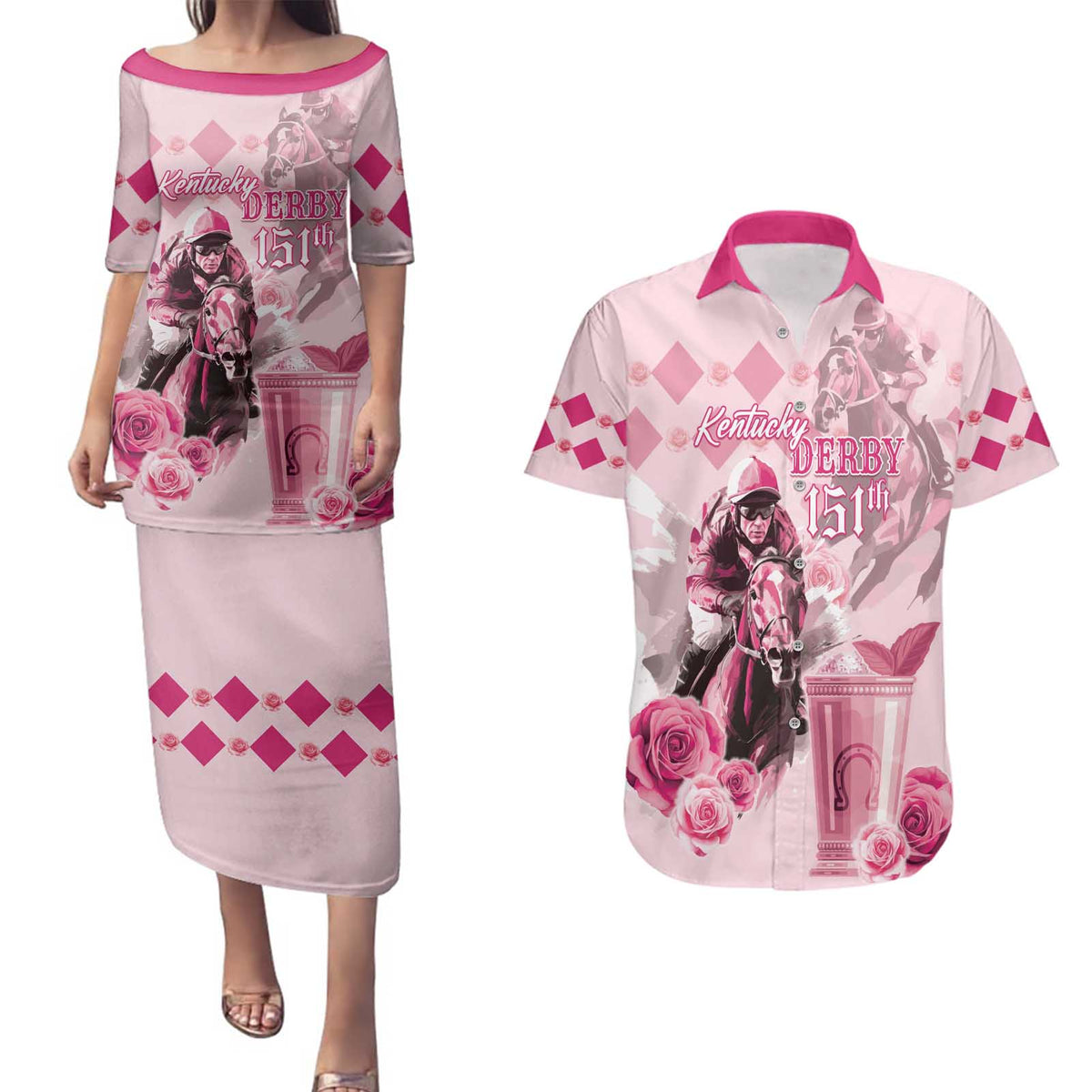 Personalized Kentucky Horse Racing Couples Matching Puletasi and Hawaiian Shirt 151st Anniversary Mint Julep Pink Version LT05