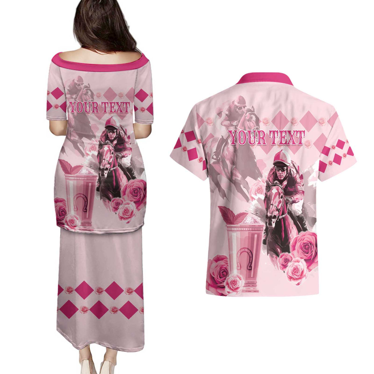 Personalized Kentucky Horse Racing Couples Matching Puletasi and Hawaiian Shirt 151st Anniversary Mint Julep Pink Version LT05