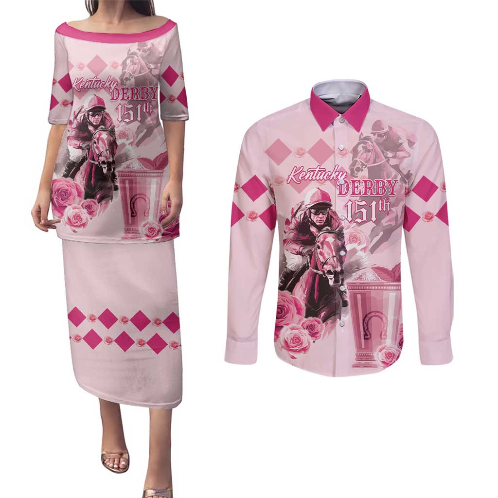 Personalized Kentucky Horse Racing Couples Matching Puletasi and Long Sleeve Button Shirt 151st Anniversary Mint Julep Pink Version LT05
