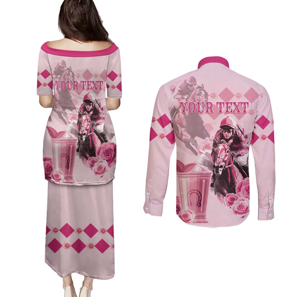 Personalized Kentucky Horse Racing Couples Matching Puletasi and Long Sleeve Button Shirt 151st Anniversary Mint Julep Pink Version LT05