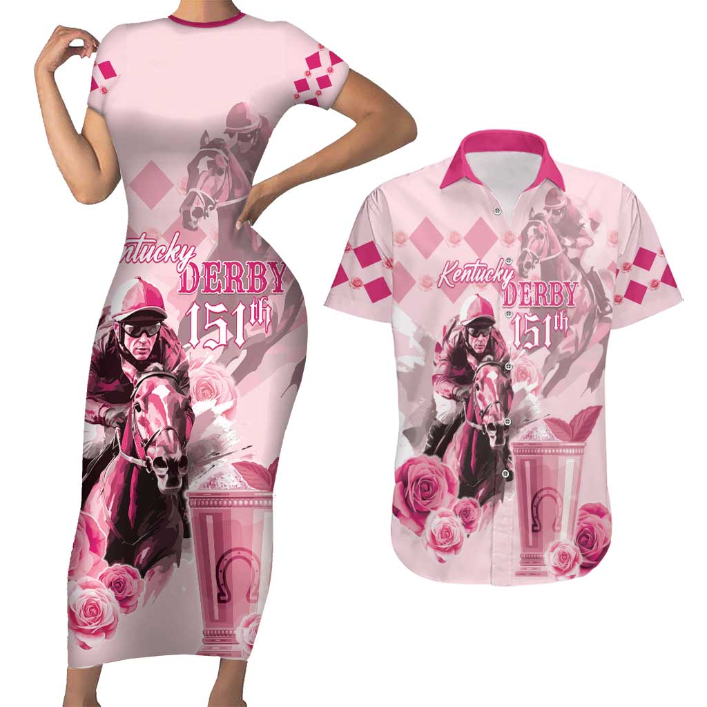 Personalized Kentucky Horse Racing Couples Matching Short Sleeve Bodycon Dress and Hawaiian Shirt 151st Anniversary Mint Julep Pink Version LT05