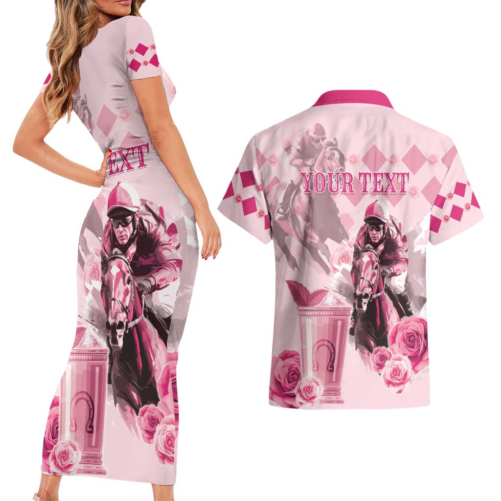 Personalized Kentucky Horse Racing Couples Matching Short Sleeve Bodycon Dress and Hawaiian Shirt 151st Anniversary Mint Julep Pink Version LT05