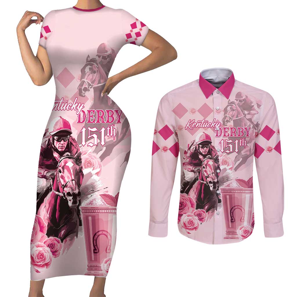 Personalized Kentucky Horse Racing Couples Matching Short Sleeve Bodycon Dress and Long Sleeve Button Shirt 151st Anniversary Mint Julep Pink Version LT05