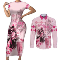 Personalized Kentucky Horse Racing Couples Matching Short Sleeve Bodycon Dress and Long Sleeve Button Shirt 151st Anniversary Mint Julep Pink Version LT05