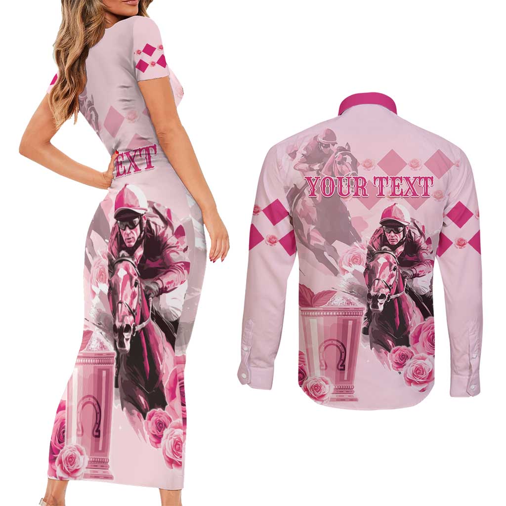 Personalized Kentucky Horse Racing Couples Matching Short Sleeve Bodycon Dress and Long Sleeve Button Shirt 151st Anniversary Mint Julep Pink Version LT05