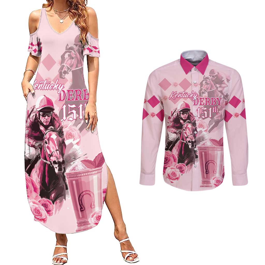 Personalized Kentucky Horse Racing Couples Matching Summer Maxi Dress and Long Sleeve Button Shirt 151st Anniversary Mint Julep Pink Version LT05