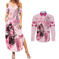 Personalized Kentucky Horse Racing Couples Matching Summer Maxi Dress and Long Sleeve Button Shirt 151st Anniversary Mint Julep Pink Version LT05