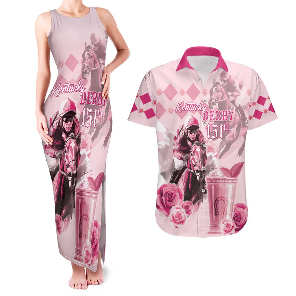 Personalized Kentucky Horse Racing Couples Matching Tank Maxi Dress and Hawaiian Shirt 151st Anniversary Mint Julep Pink Version LT05
