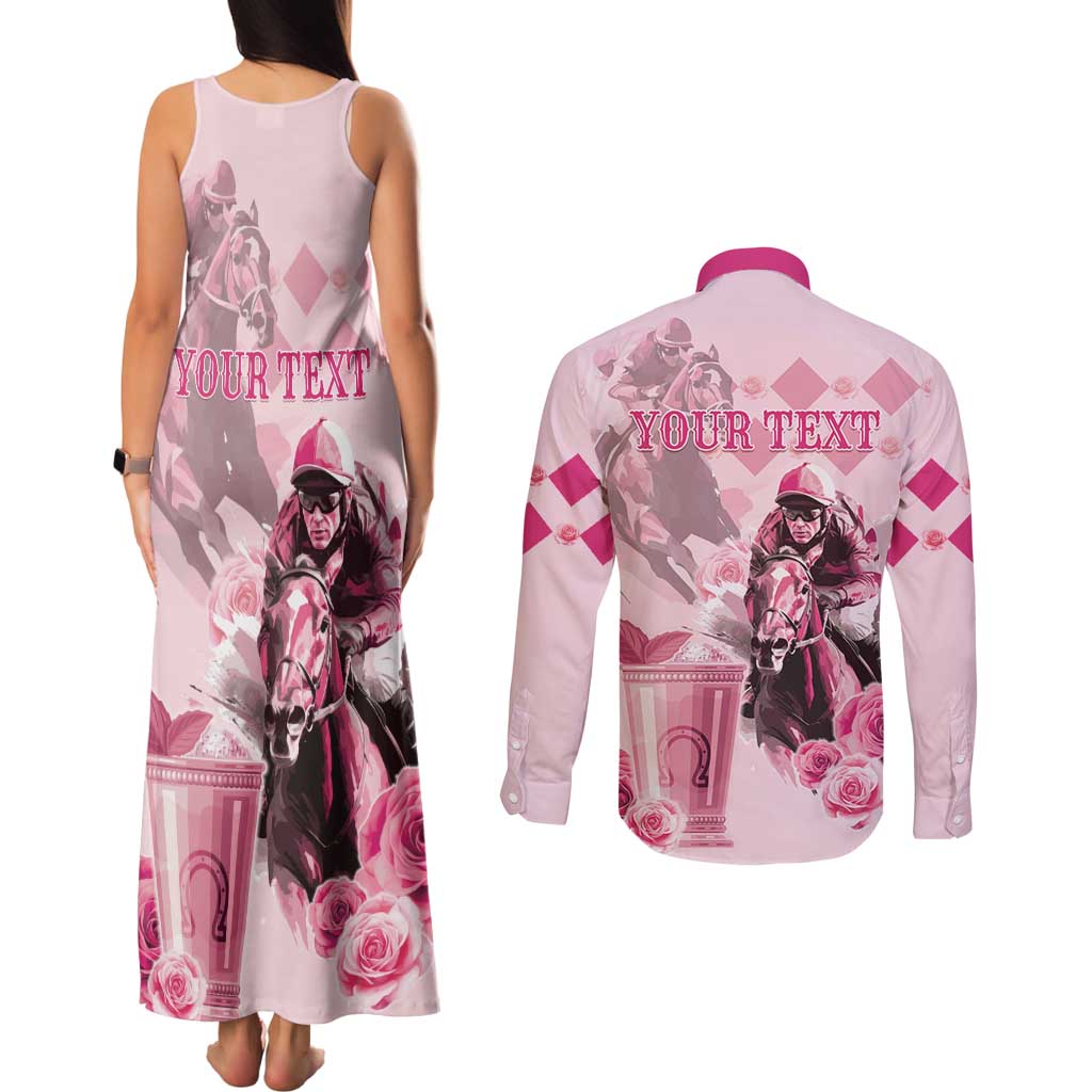 Personalized Kentucky Horse Racing Couples Matching Tank Maxi Dress and Long Sleeve Button Shirt 151st Anniversary Mint Julep Pink Version LT05