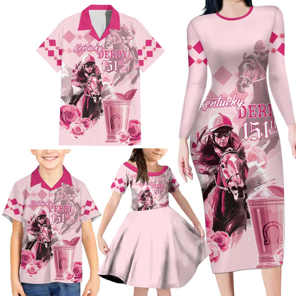 Personalized Kentucky Horse Racing Family Matching Long Sleeve Bodycon Dress and Hawaiian Shirt 151st Anniversary Mint Julep Pink Version LT05
