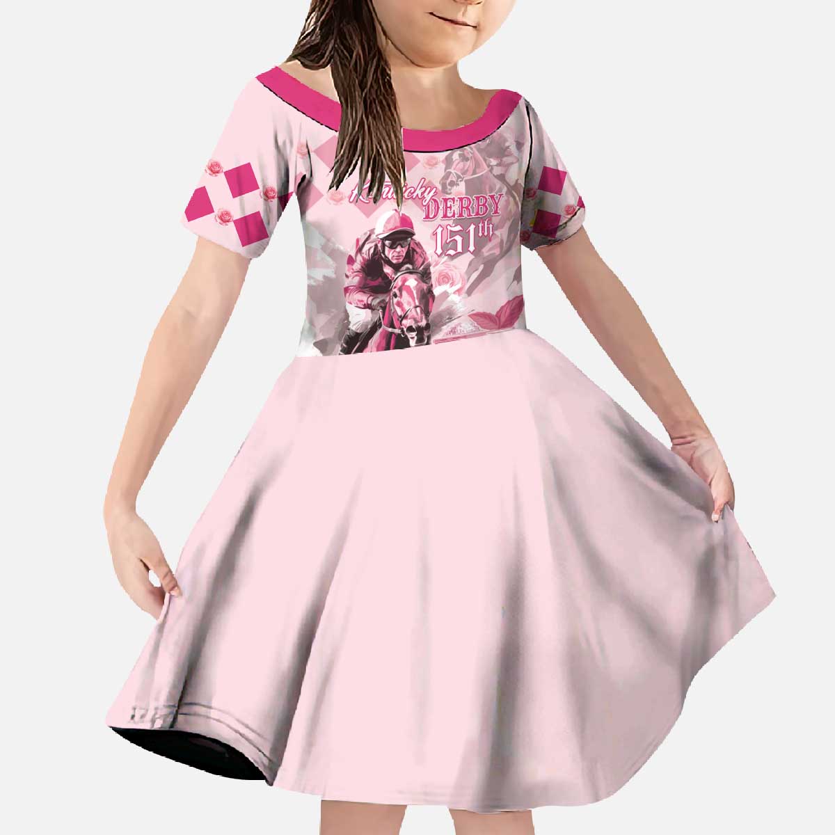 Personalized Kentucky Horse Racing Family Matching Off The Shoulder Long Sleeve Dress and Hawaiian Shirt 151st Anniversary Mint Julep Pink Version LT05