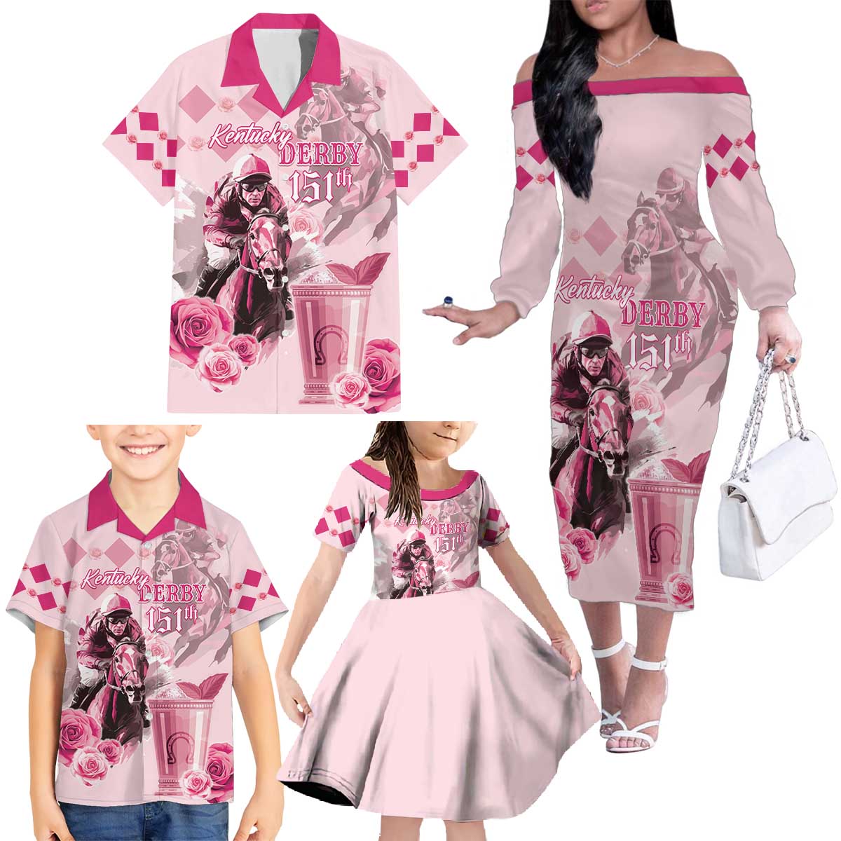 Personalized Kentucky Horse Racing Family Matching Off The Shoulder Long Sleeve Dress and Hawaiian Shirt 151st Anniversary Mint Julep Pink Version LT05