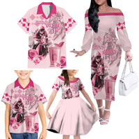 Personalized Kentucky Horse Racing Family Matching Off The Shoulder Long Sleeve Dress and Hawaiian Shirt 151st Anniversary Mint Julep Pink Version LT05
