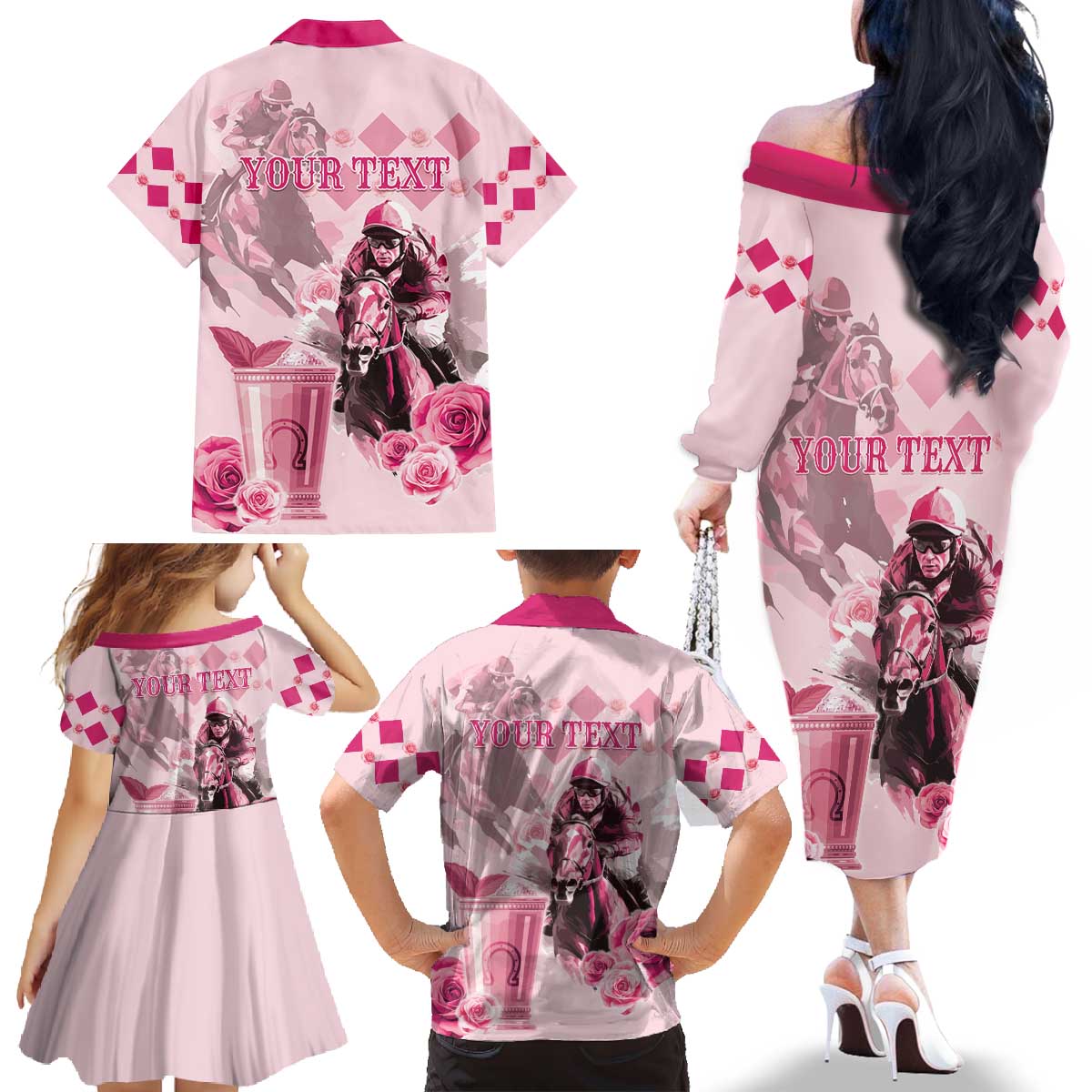 Personalized Kentucky Horse Racing Family Matching Off The Shoulder Long Sleeve Dress and Hawaiian Shirt 151st Anniversary Mint Julep Pink Version LT05