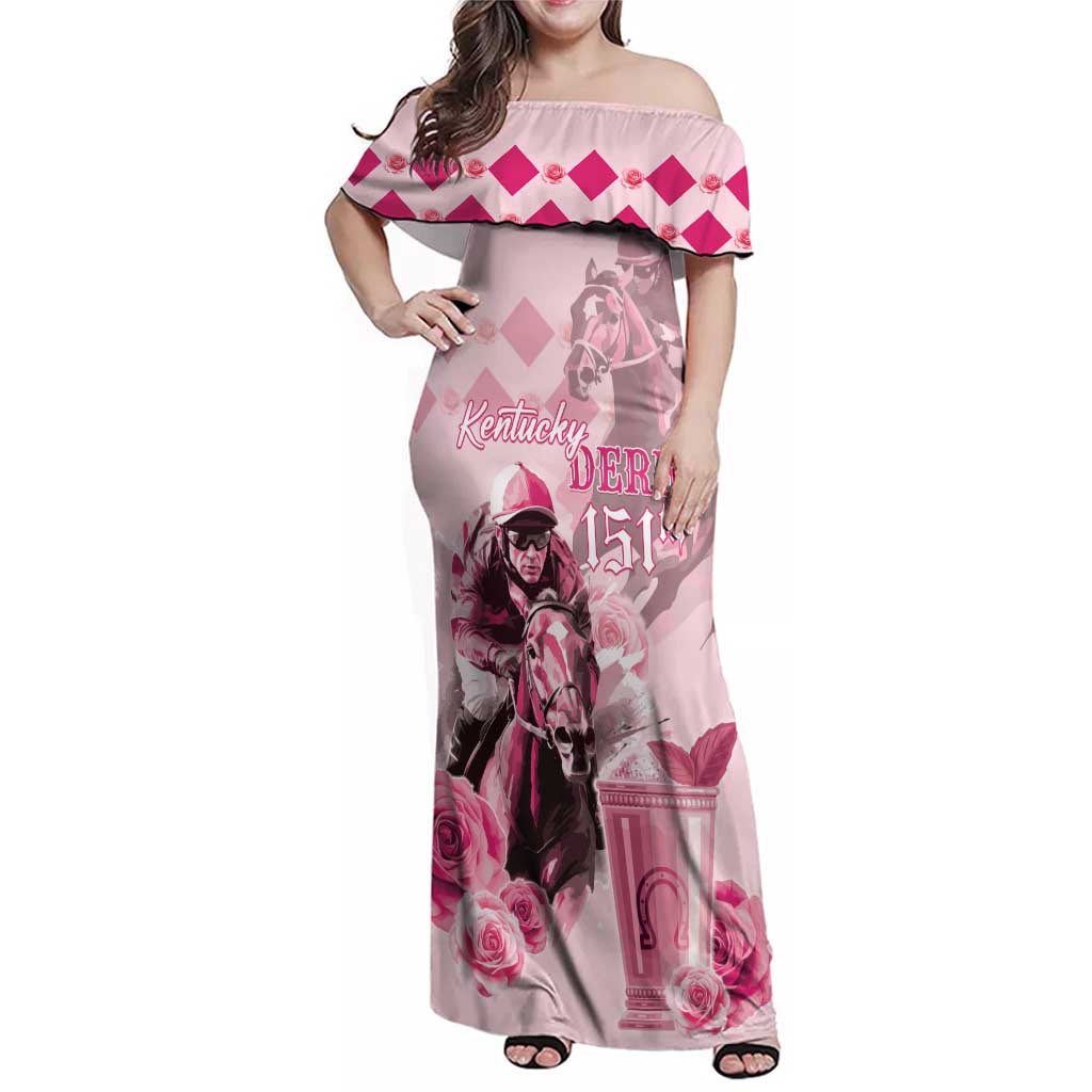 Personalized Kentucky Horse Racing Family Matching Off Shoulder Maxi Dress and Hawaiian Shirt 151st Anniversary Mint Julep Pink Version LT05