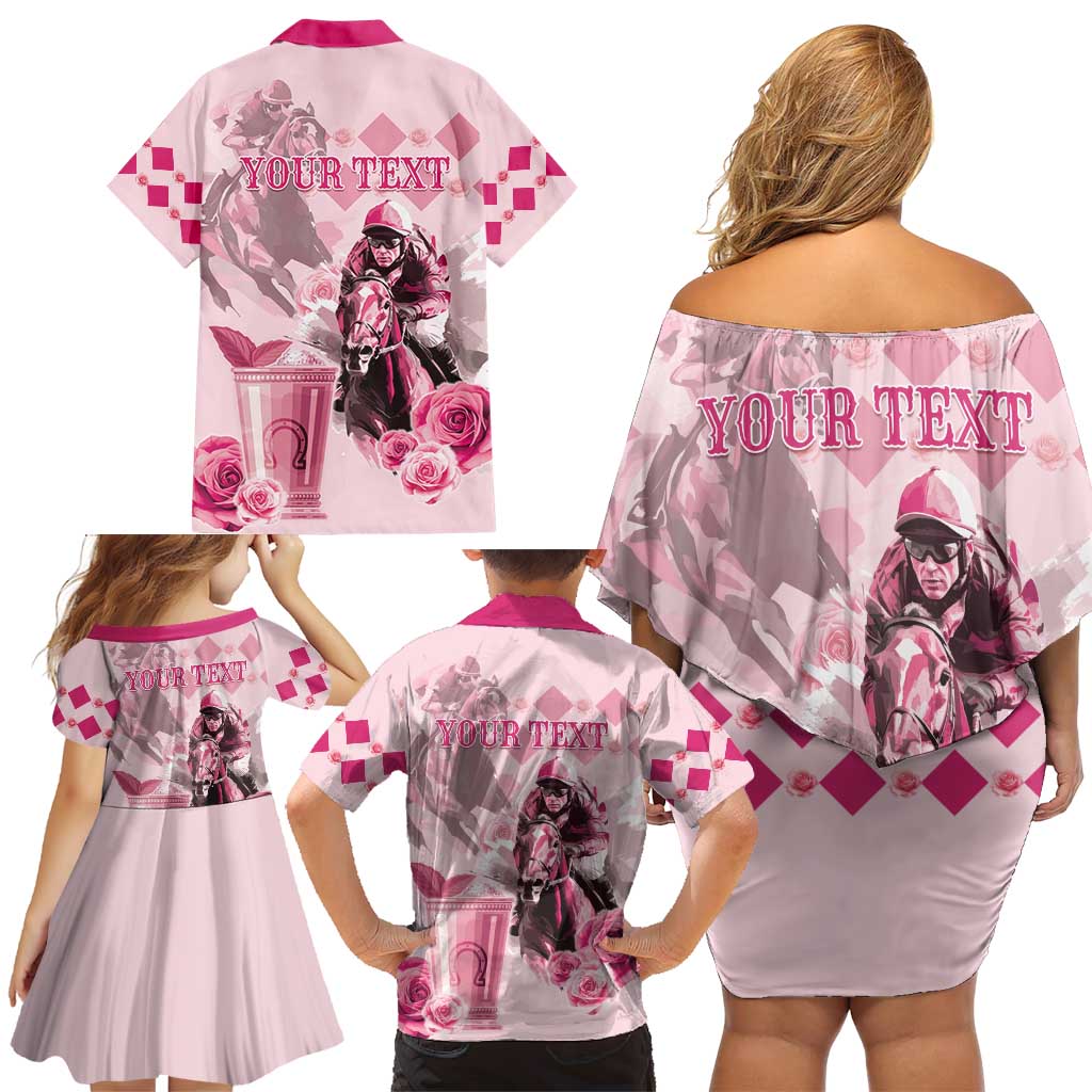 Personalized Kentucky Horse Racing Family Matching Off Shoulder Short Dress and Hawaiian Shirt 151st Anniversary Mint Julep Pink Version LT05