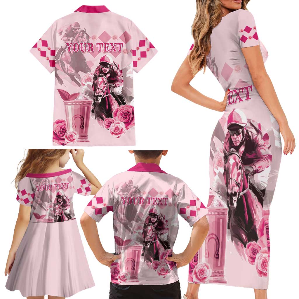 Personalized Kentucky Horse Racing Family Matching Short Sleeve Bodycon Dress and Hawaiian Shirt 151st Anniversary Mint Julep Pink Version LT05