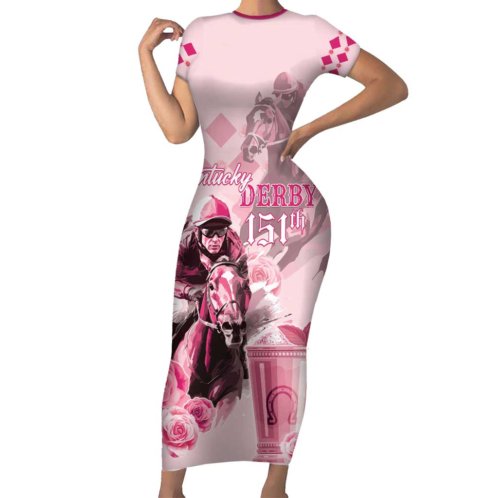 Personalized Kentucky Horse Racing Family Matching Short Sleeve Bodycon Dress and Hawaiian Shirt 151st Anniversary Mint Julep Pink Version LT05