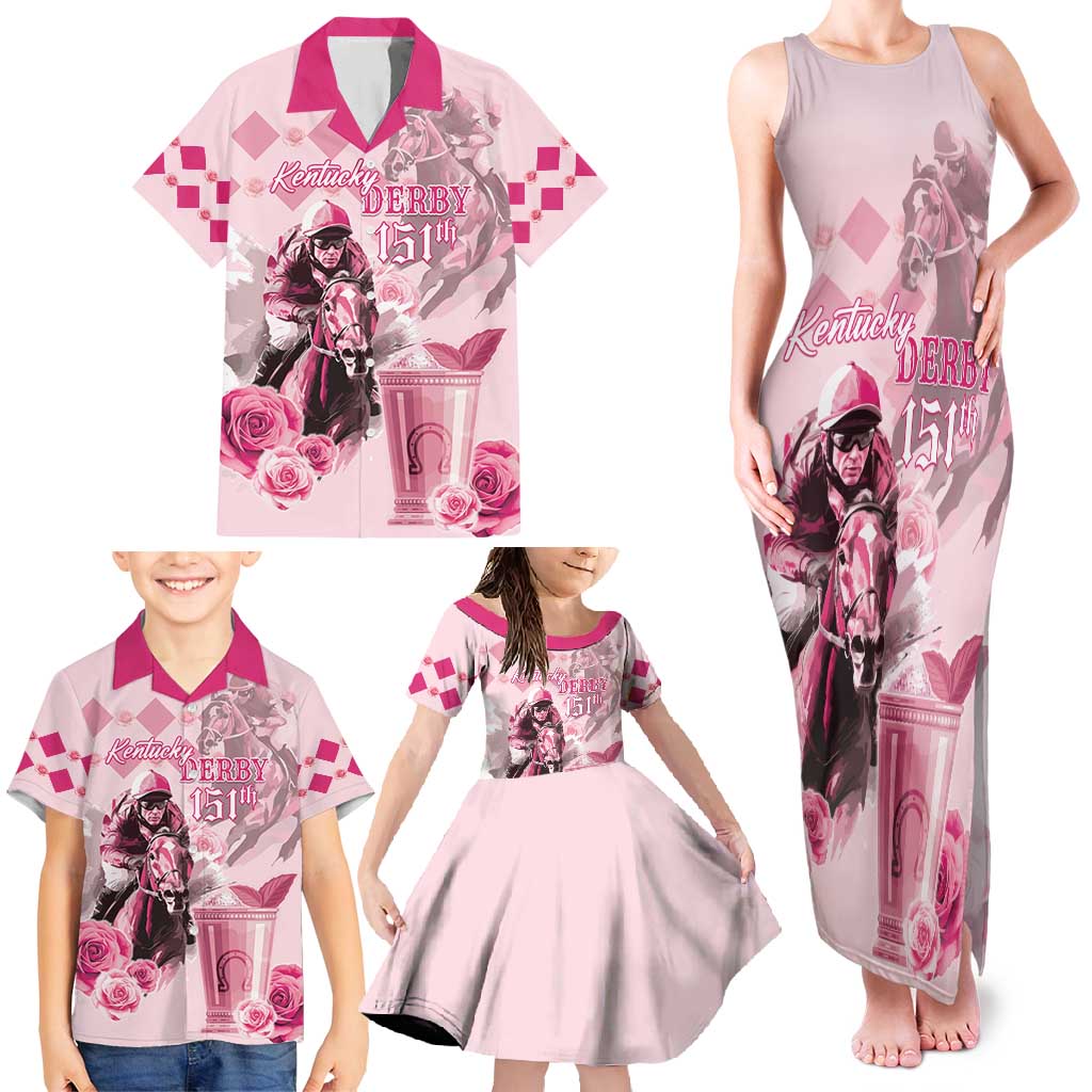 Personalized Kentucky Horse Racing Family Matching Tank Maxi Dress and Hawaiian Shirt 151st Anniversary Mint Julep Pink Version LT05