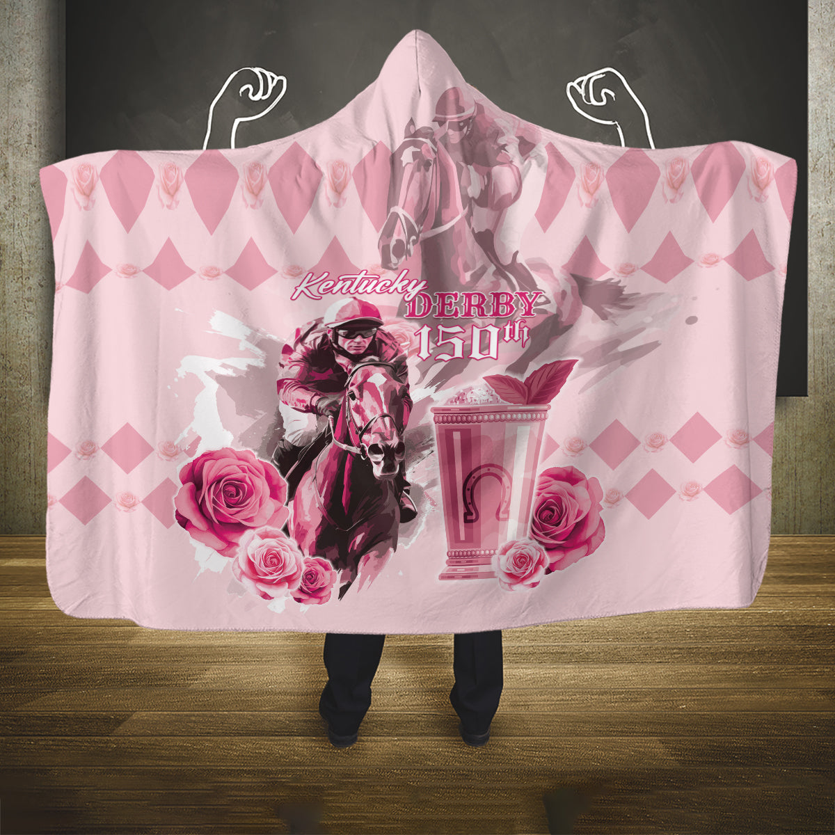 Personalized Kentucky Horse Racing Hooded Blanket 150th Anniversary Mint Julep Pink Version