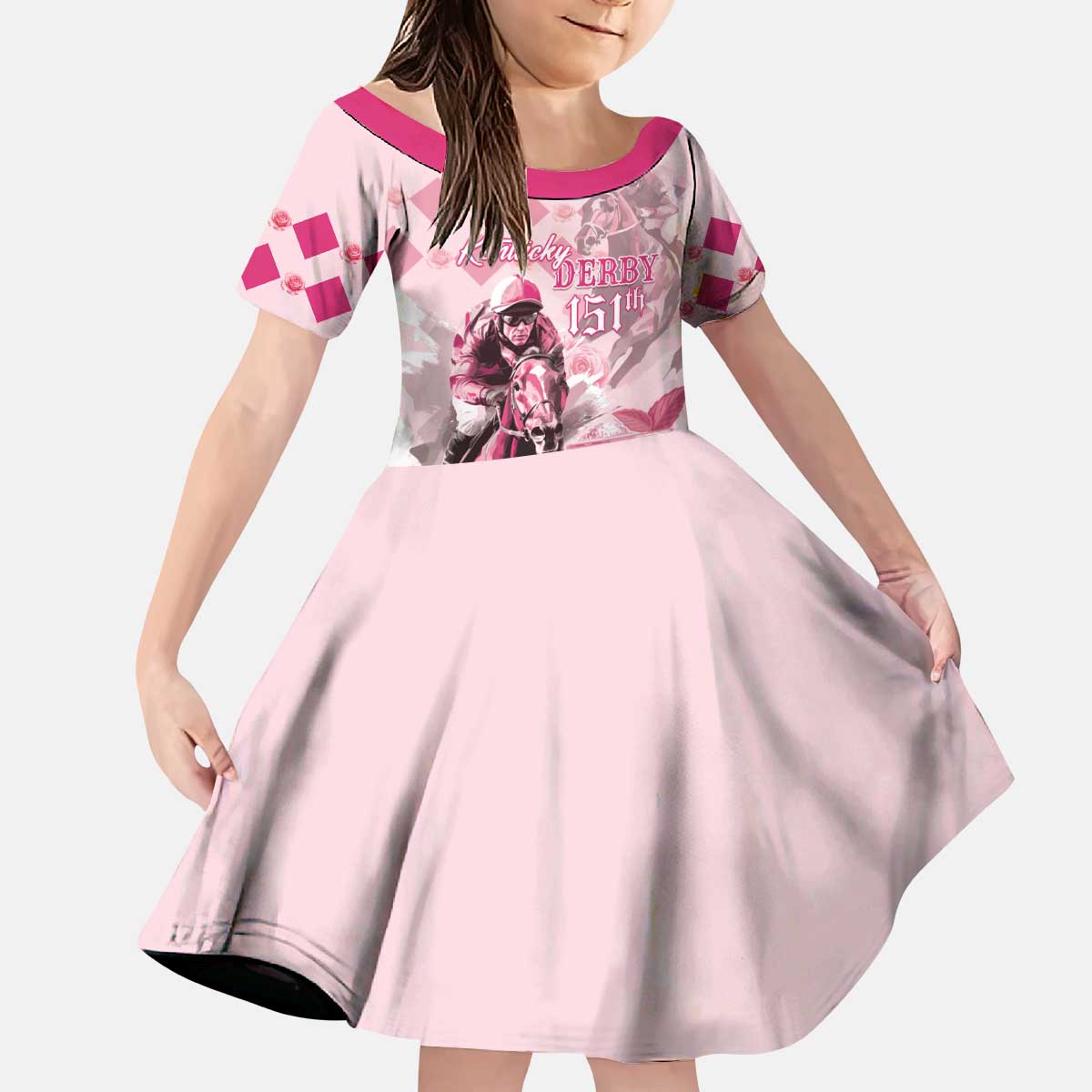 Personalized Kentucky Horse Racing Kid Short Sleeve Dress 151st Anniversary Mint Julep Pink Version LT05