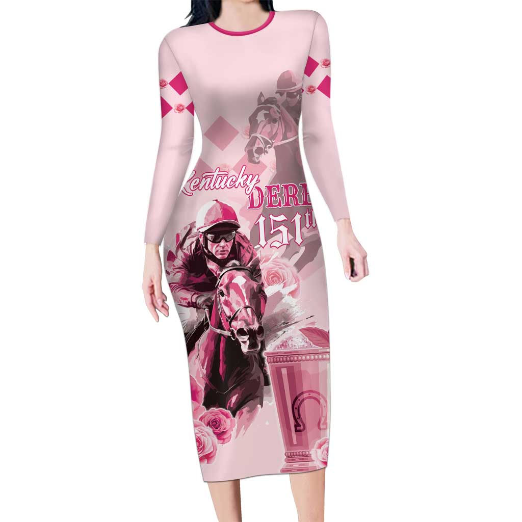 Personalized Kentucky Horse Racing Long Sleeve Bodycon Dress 151st Anniversary Mint Julep Pink Version LT05