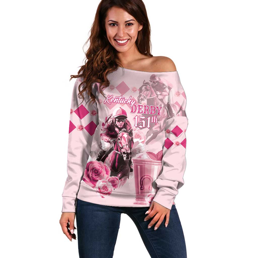 Personalized Kentucky Horse Racing Off Shoulder Sweater 151st Anniversary Mint Julep Pink Version LT05