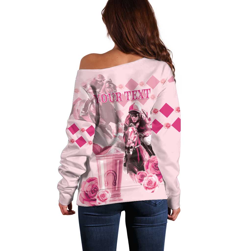 Personalized Kentucky Horse Racing Off Shoulder Sweater 151st Anniversary Mint Julep Pink Version LT05