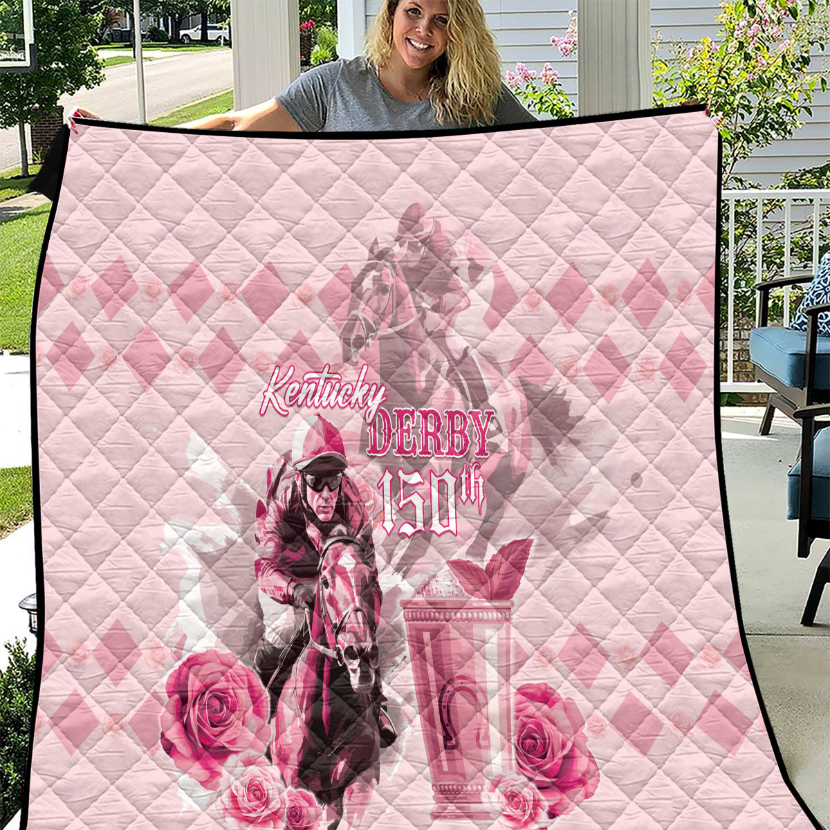 Personalized Kentucky Horse Racing Quilt 150th Anniversary Mint Julep Pink Version