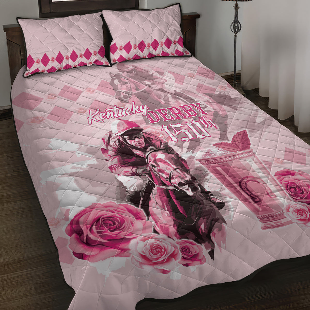 Personalized Kentucky Horse Racing Quilt Bed Set 150th Anniversary Mint Julep Pink Version