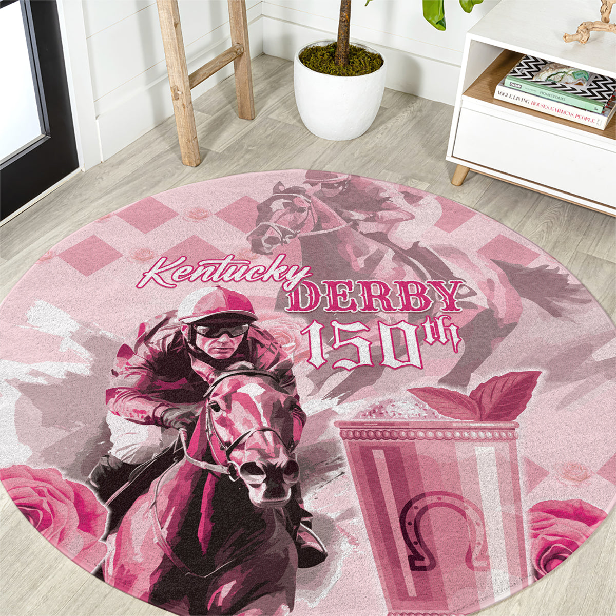 Personalized Kentucky Horse Racing Round Carpet 150th Anniversary Mint Julep Pink Version
