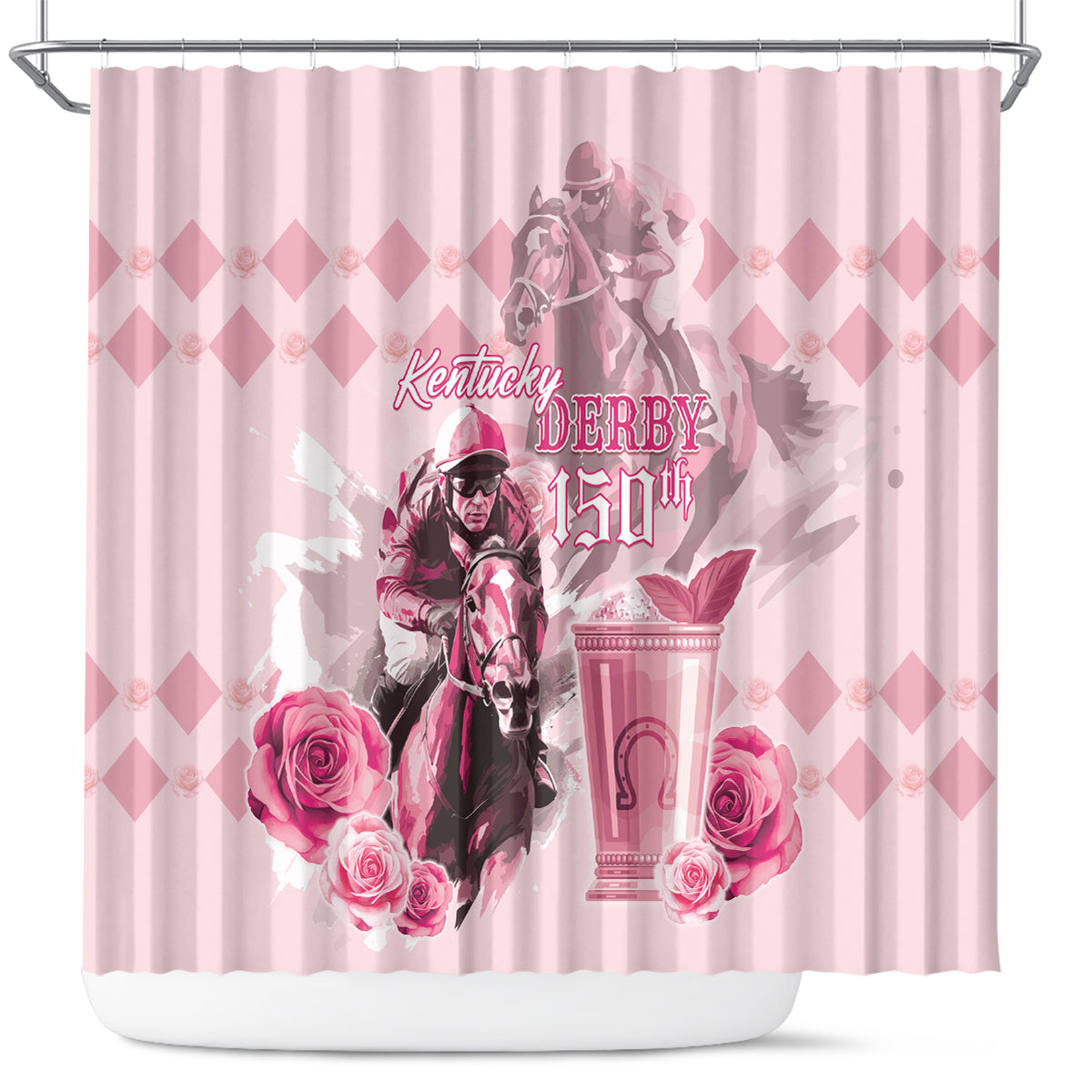 Personalized Kentucky Horse Racing Shower Curtain 150th Anniversary Mint Julep Pink Version