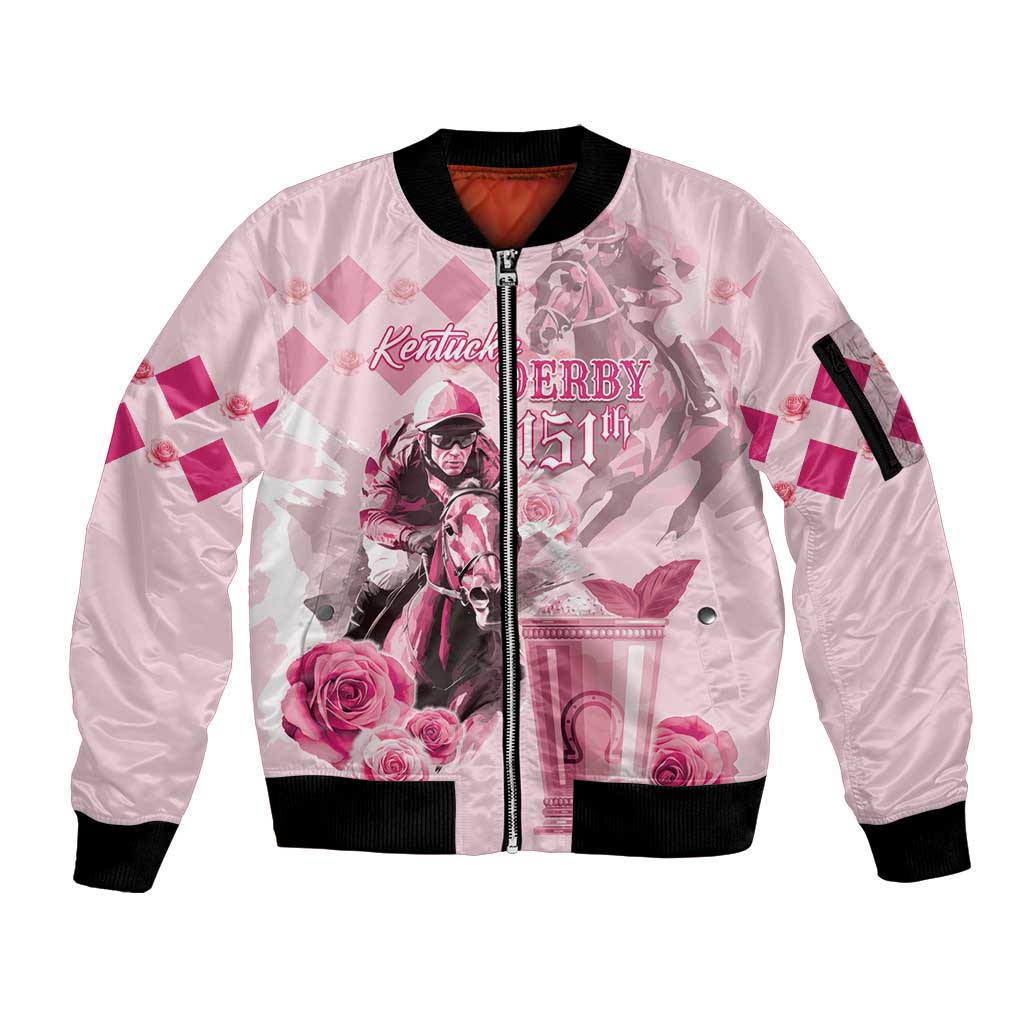 Personalized Kentucky Horse Racing Sleeve Zip Bomber Jacket 151st Anniversary Mint Julep Pink Version LT05
