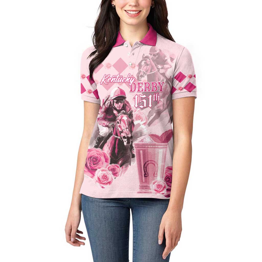 Personalized Kentucky Horse Racing Women Polo Shirt 151st Anniversary Mint Julep Pink Version LT05