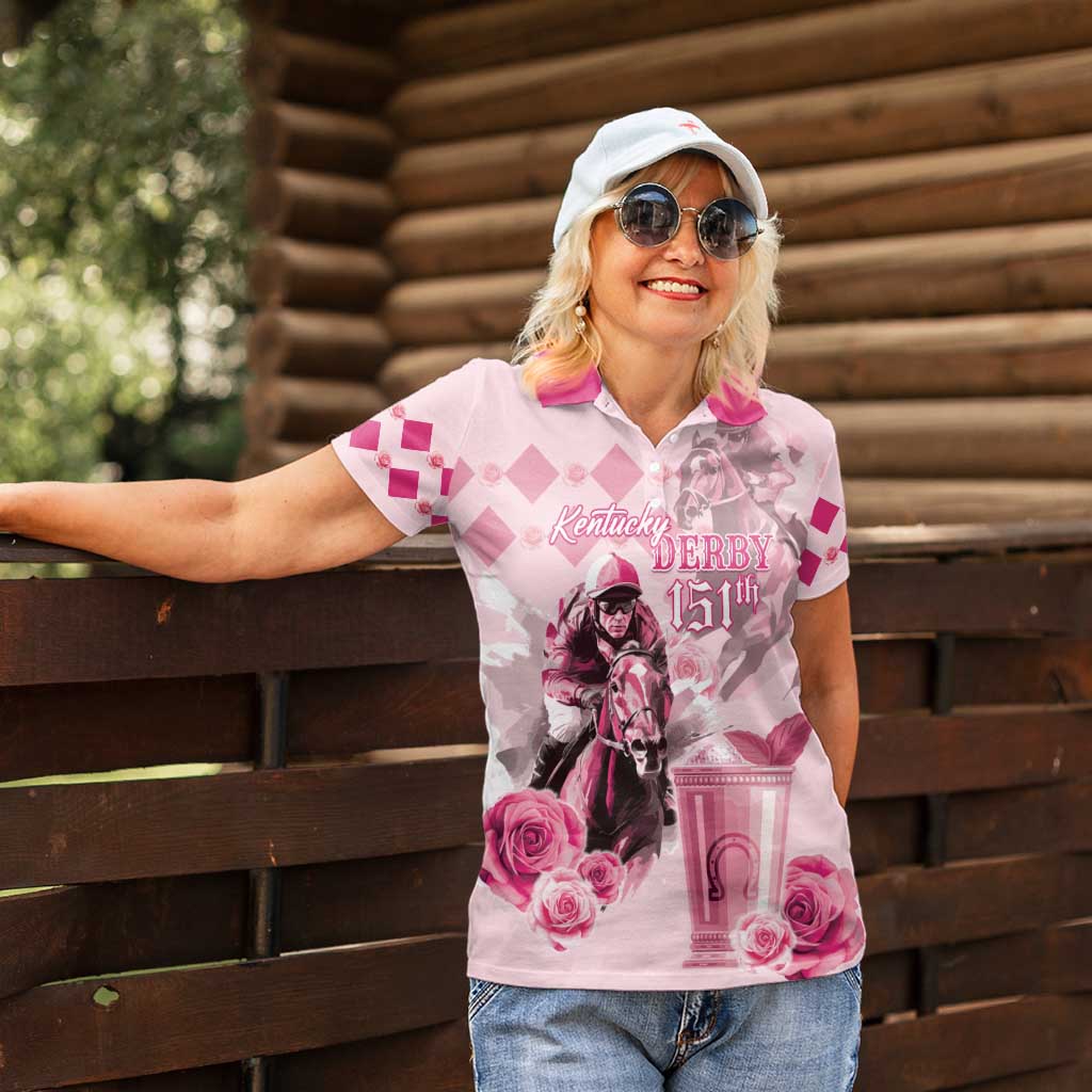 Personalized Kentucky Horse Racing Women Polo Shirt 151st Anniversary Mint Julep Pink Version LT05