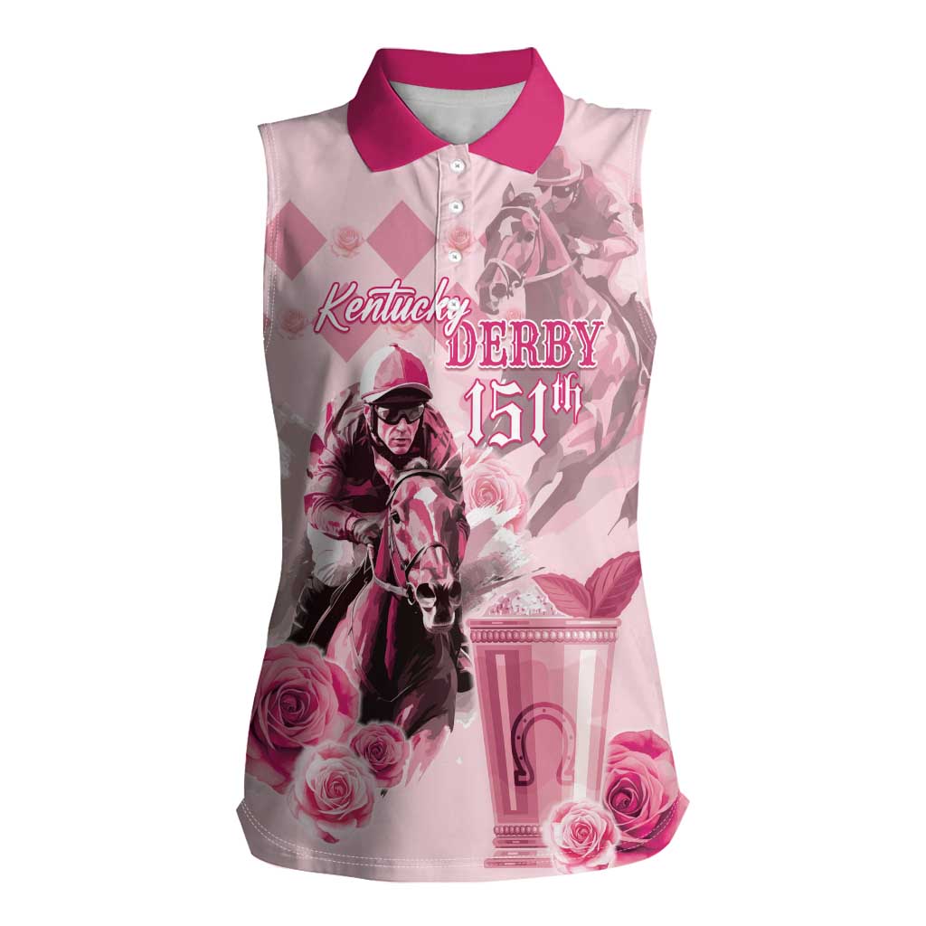 Personalized Kentucky Horse Racing Women Sleeveless Polo Shirt 151st Anniversary Mint Julep Pink Version LT05