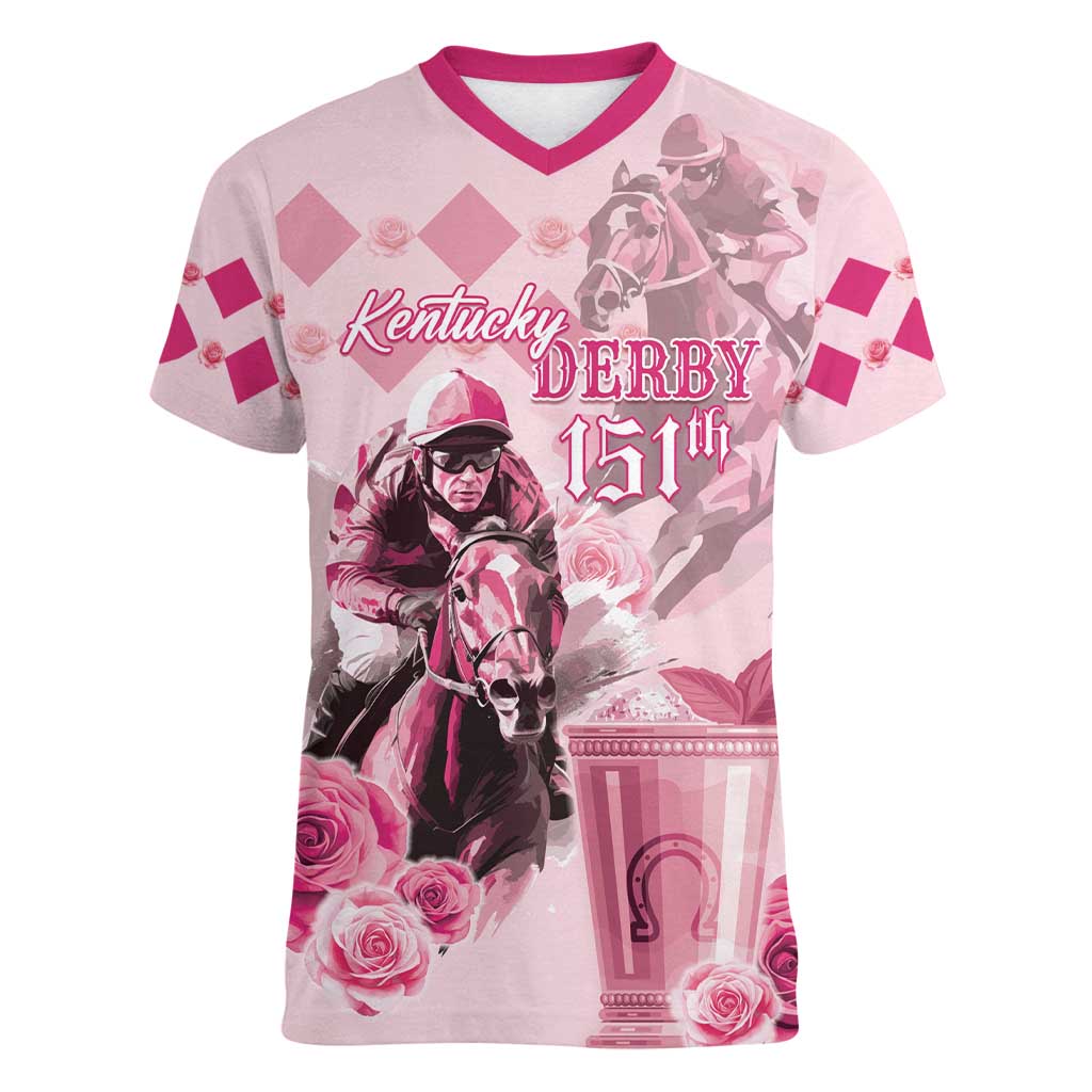 Personalized Kentucky Horse Racing Women V-Neck T-Shirt 151st Anniversary Mint Julep Pink Version LT05