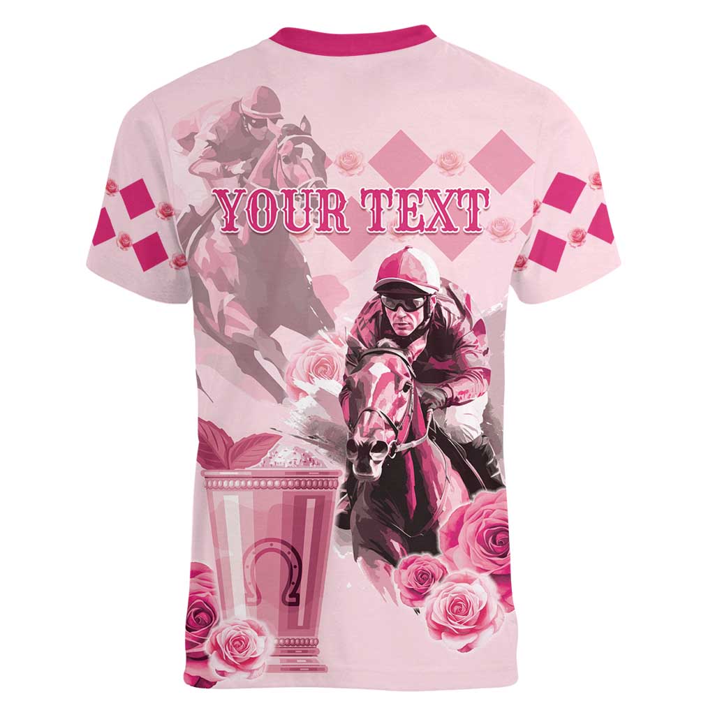Personalized Kentucky Horse Racing Women V-Neck T-Shirt 151st Anniversary Mint Julep Pink Version LT05