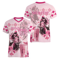 Personalized Kentucky Horse Racing Women V-Neck T-Shirt 151st Anniversary Mint Julep Pink Version LT05