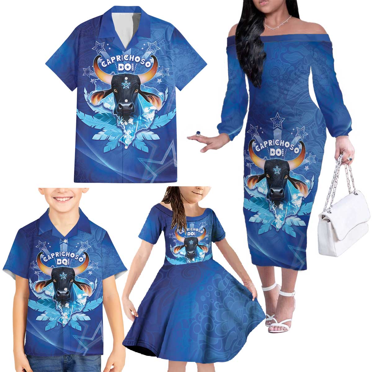 Personalized Boi Caprichoso Family Matching Off The Shoulder Long Sleeve Dress and Hawaiian Shirt Brazil Folklore Festival - Wonder Print Shop
