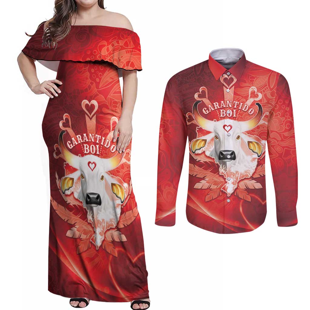Personalized Boi Garantido Couples Matching Off Shoulder Maxi Dress and Long Sleeve Button Shirt Brazil Folklore Festival - Wonder Print Shop