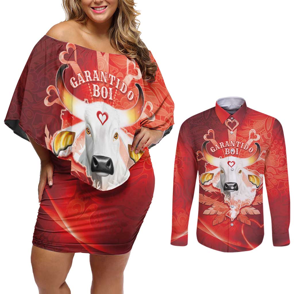 Personalized Boi Garantido Couples Matching Off Shoulder Short Dress and Long Sleeve Button Shirt Brazil Folklore Festival - Wonder Print Shop