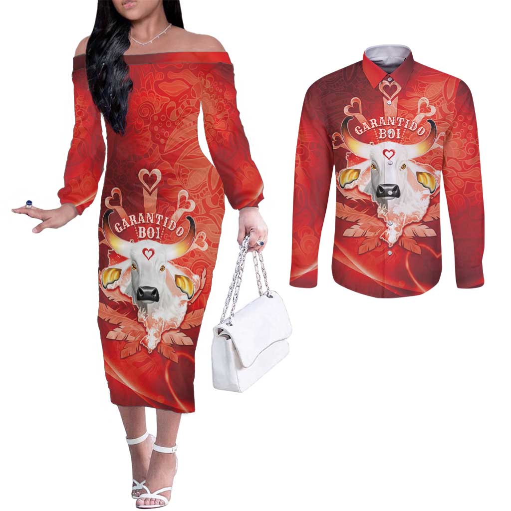Personalized Boi Garantido Couples Matching Off The Shoulder Long Sleeve Dress and Long Sleeve Button Shirt Brazil Folklore Festival - Wonder Print Shop