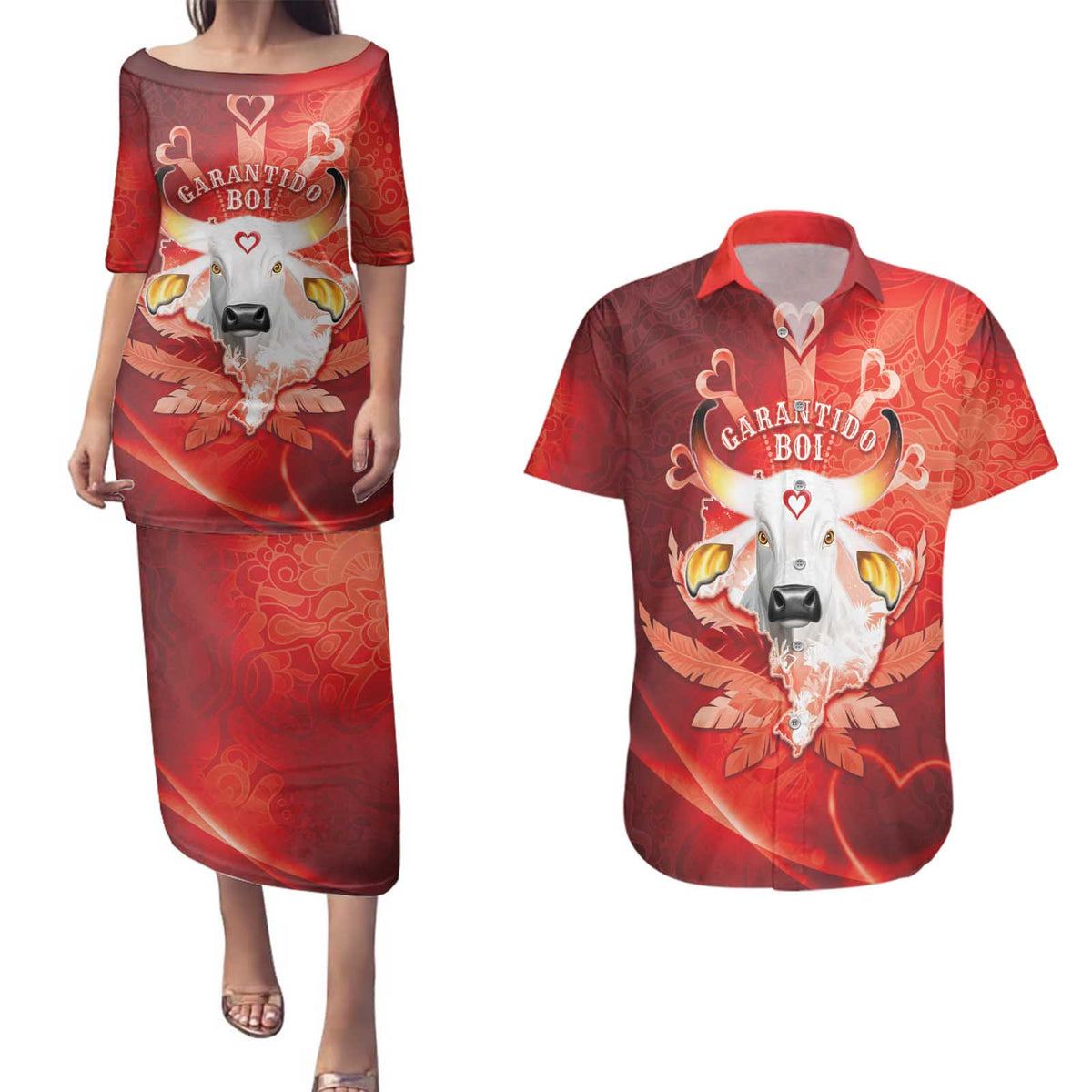Personalized Boi Garantido Couples Matching Puletasi and Hawaiian Shirt Brazil Folklore Festival - Wonder Print Shop