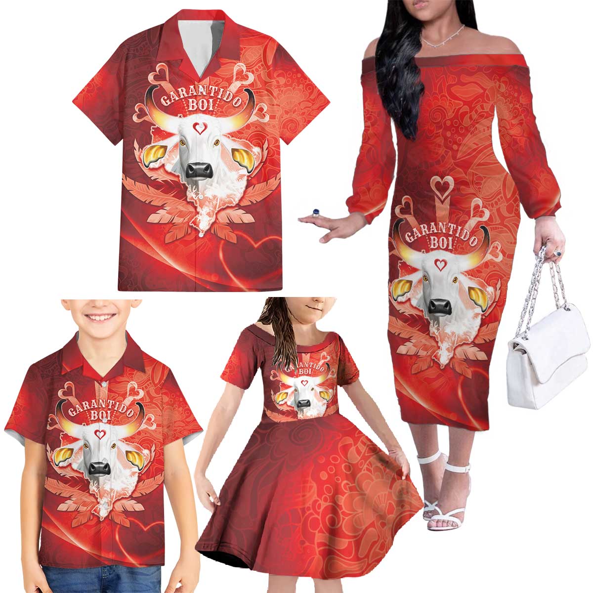 Personalized Boi Garantido Family Matching Off The Shoulder Long Sleeve Dress and Hawaiian Shirt Brazil Folklore Festival - Wonder Print Shop