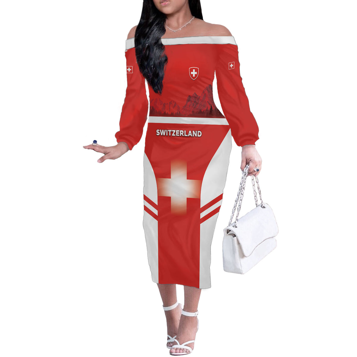Custom Switzerland Football 2026 Off The Shoulder Long Sleeve Dress Swiss Alps Special Style
